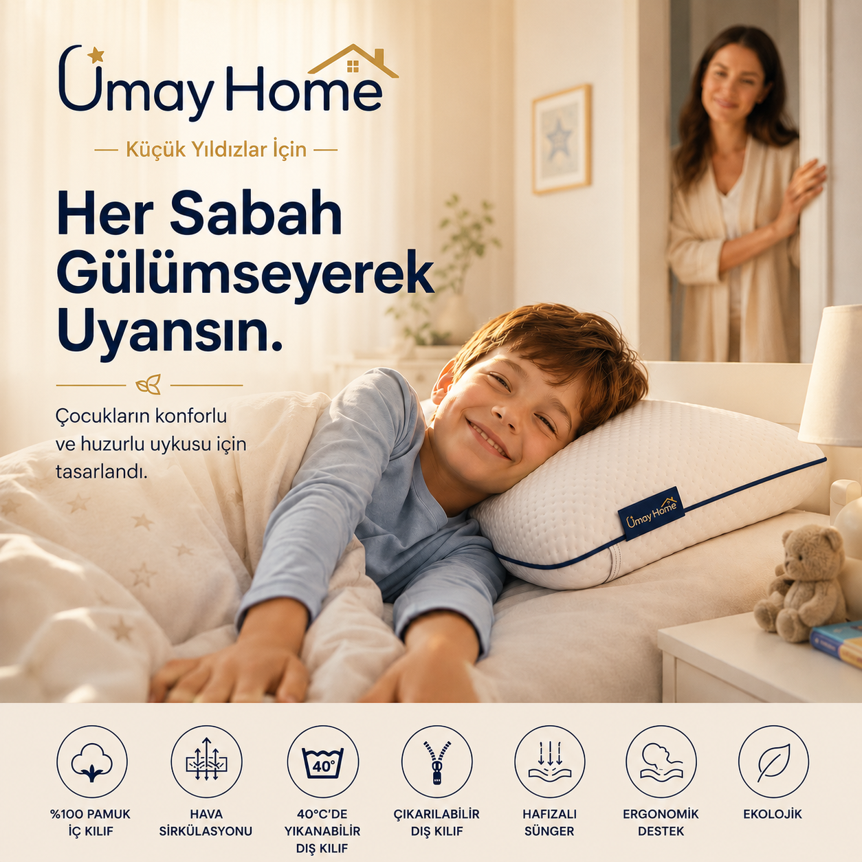 UmayHome Ortopedik Visco Çocuk Yastığı 66x33 cm | 2-12 Yaş | Boyun Destekli Hafızalı Sünger Yastık