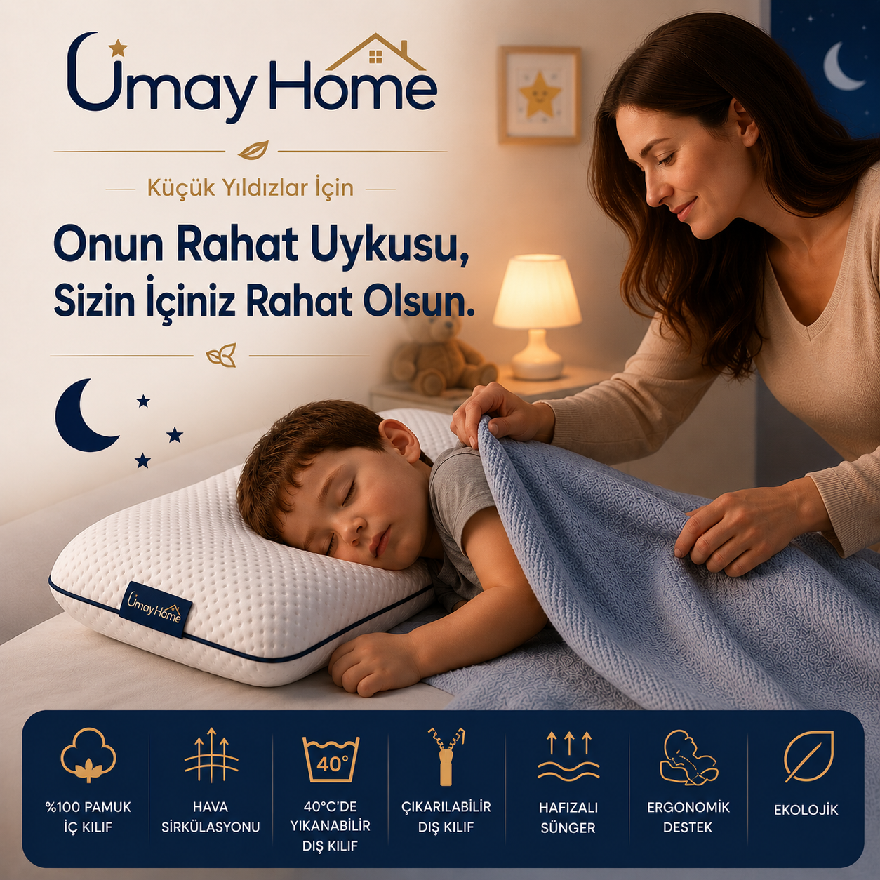 UmayHome Ortopedik Visco Çocuk Yastığı 66x33 cm | 2-12 Yaş | Boyun Destekli Hafızalı Sünger Yastık