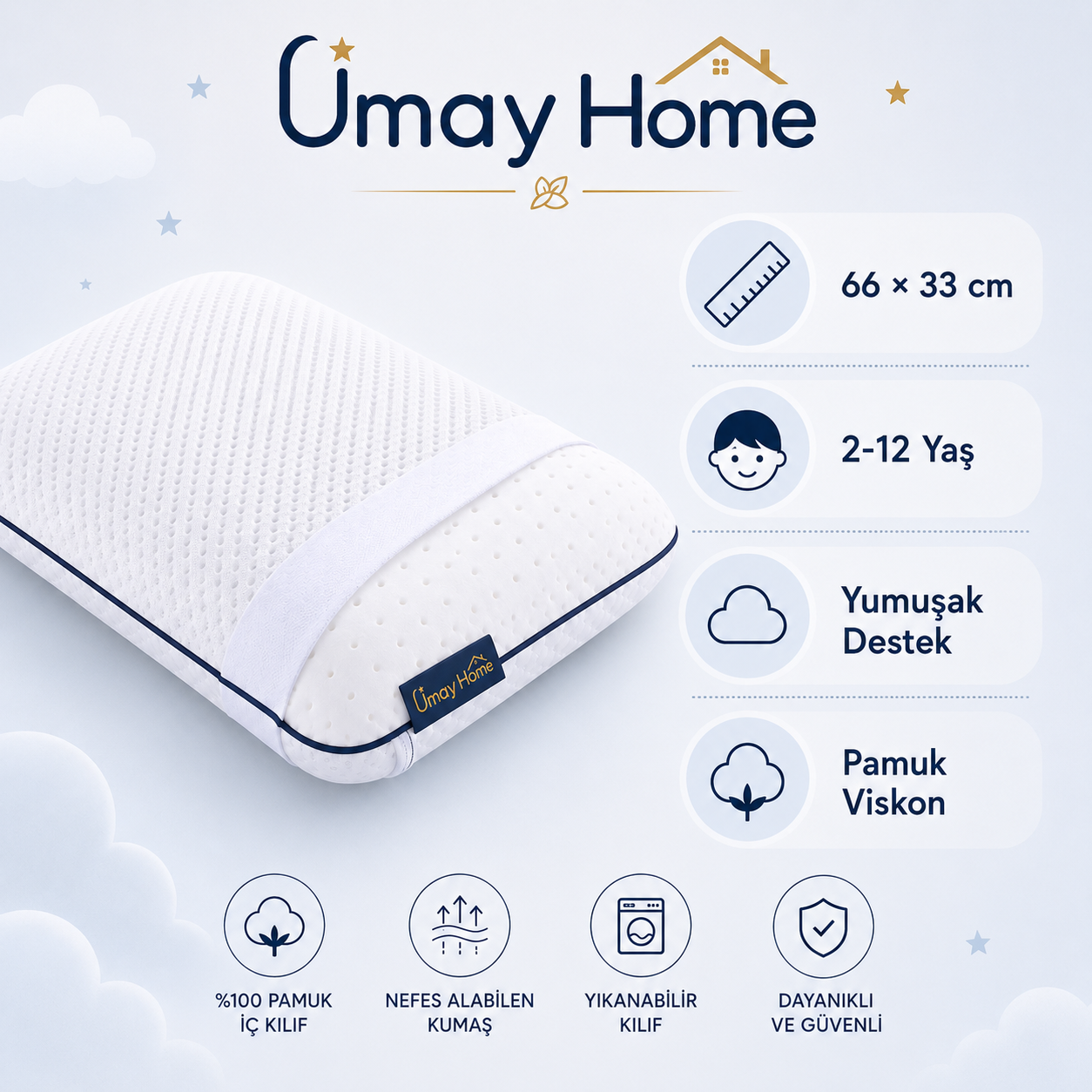 UmayHome Ortopedik Visco Çocuk Yastığı 66x33 cm | 2-12 Yaş | Boyun Destekli Hafızalı Sünger Yastık