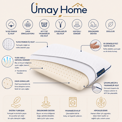UmayHome Ortopedik Visco Çocuk Yastığı 66x33 cm | 2-12 Yaş | Boyun Destekli Hafızalı Sünger Yastık