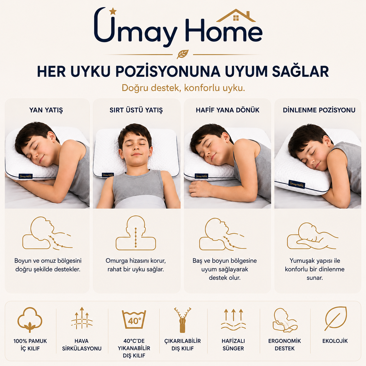UmayHome Ortopedik Visco Çocuk Yastığı 66x33 cm | 2-12 Yaş | Boyun Destekli Hafızalı Sünger Yastık