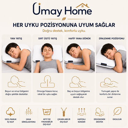 UmayHome Ortopedik Visco Çocuk Yastığı 66x33 cm | 2-12 Yaş | Boyun Destekli Hafızalı Sünger Yastık